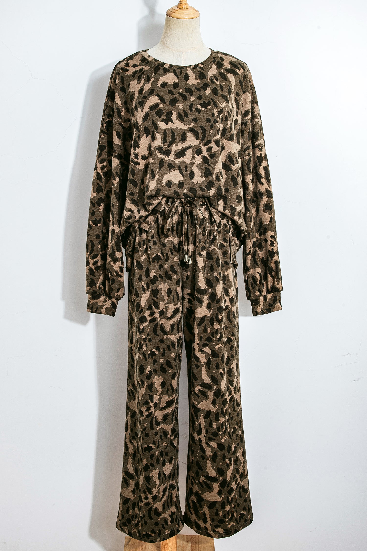 Brown Leopard Print Raw Seam Patchwork Pullover Drawstring Loose Pant Set