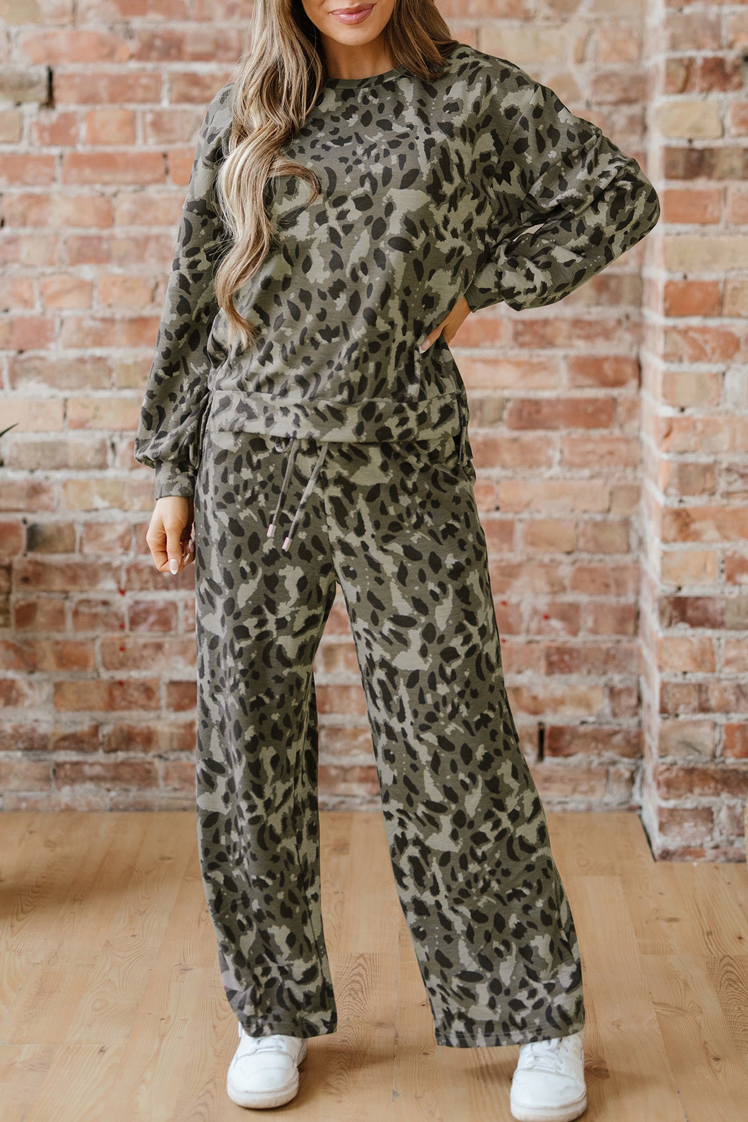 Brown Leopard Print Raw Seam Patchwork Pullover Drawstring Loose Pant Set