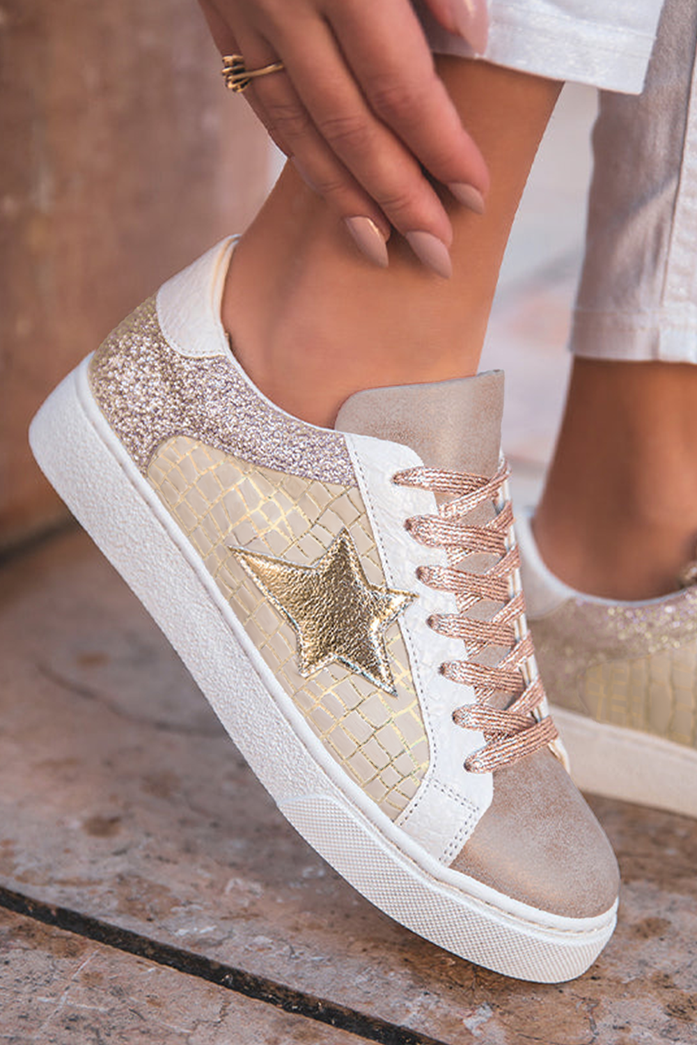 Dearlove Gold Glitter Star Patchwork PU Leather Lace-up Sneakers