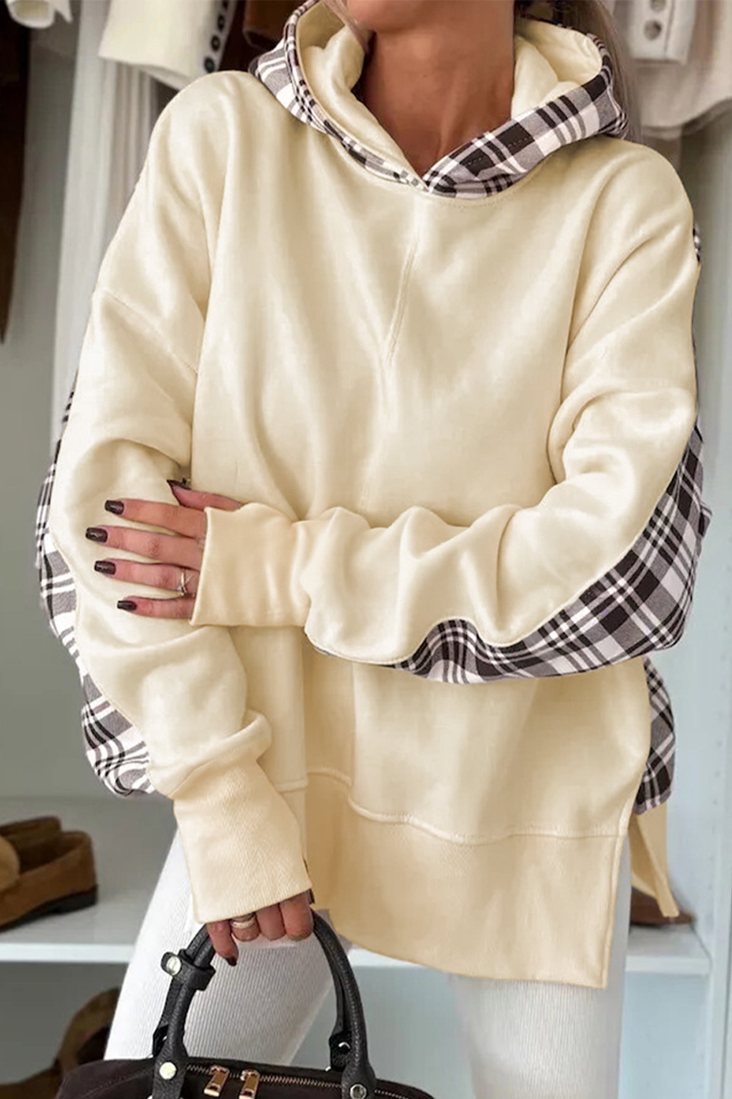 Chicory Coffee Plaid Patchwork Side Slit Hoodie