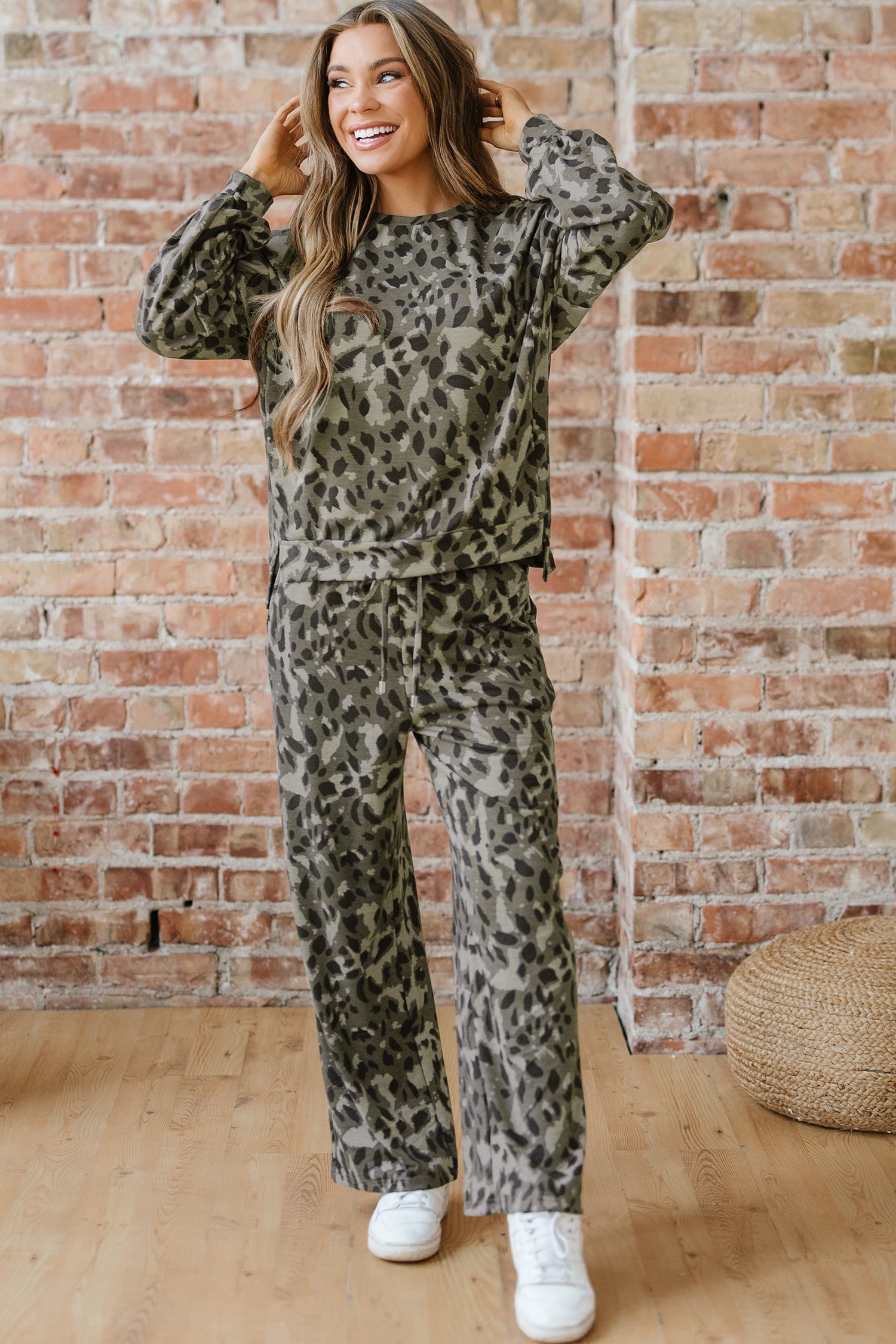 Brown Leopard Print Raw Seam Patchwork Pullover Drawstring Loose Pant Set
