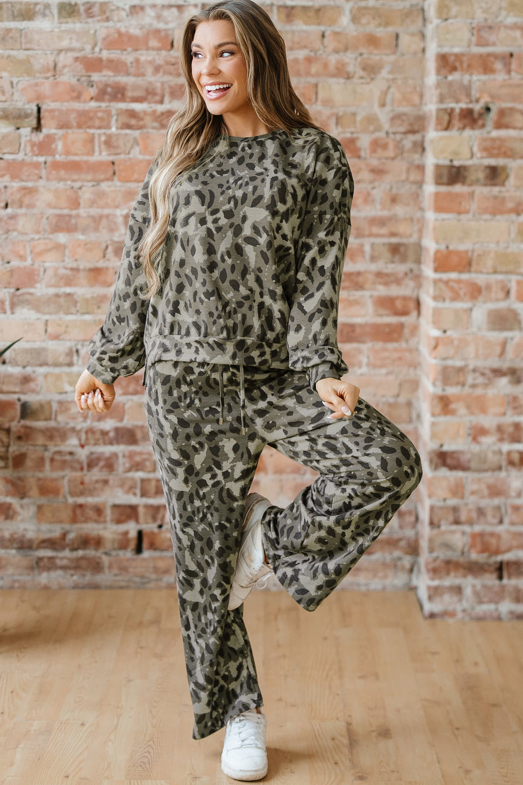 Brown Leopard Print Raw Seam Patchwork Pullover Drawstring Loose Pant Set