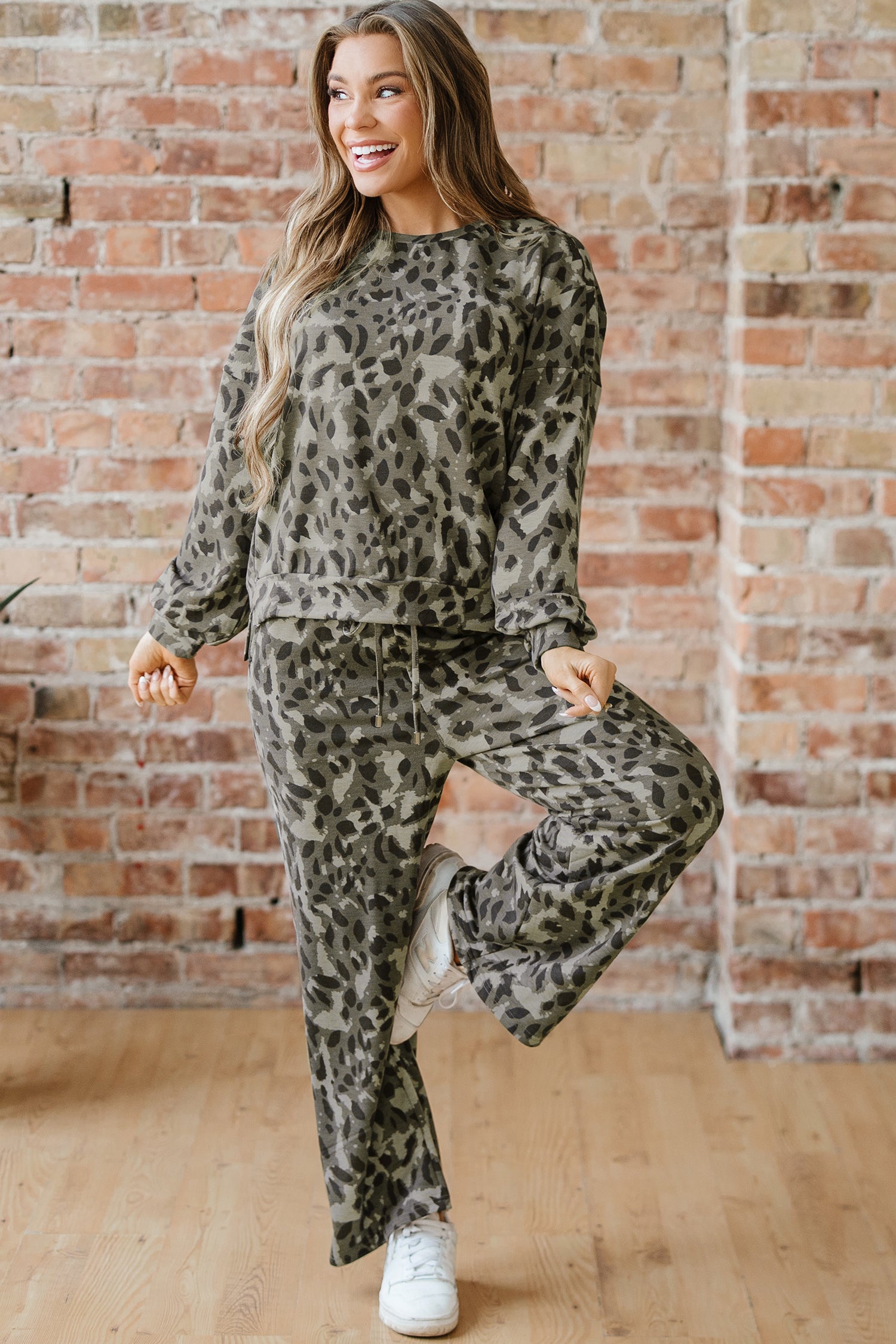Brown Leopard Print Raw Seam Patchwork Pullover Drawstring Loose Pant Set