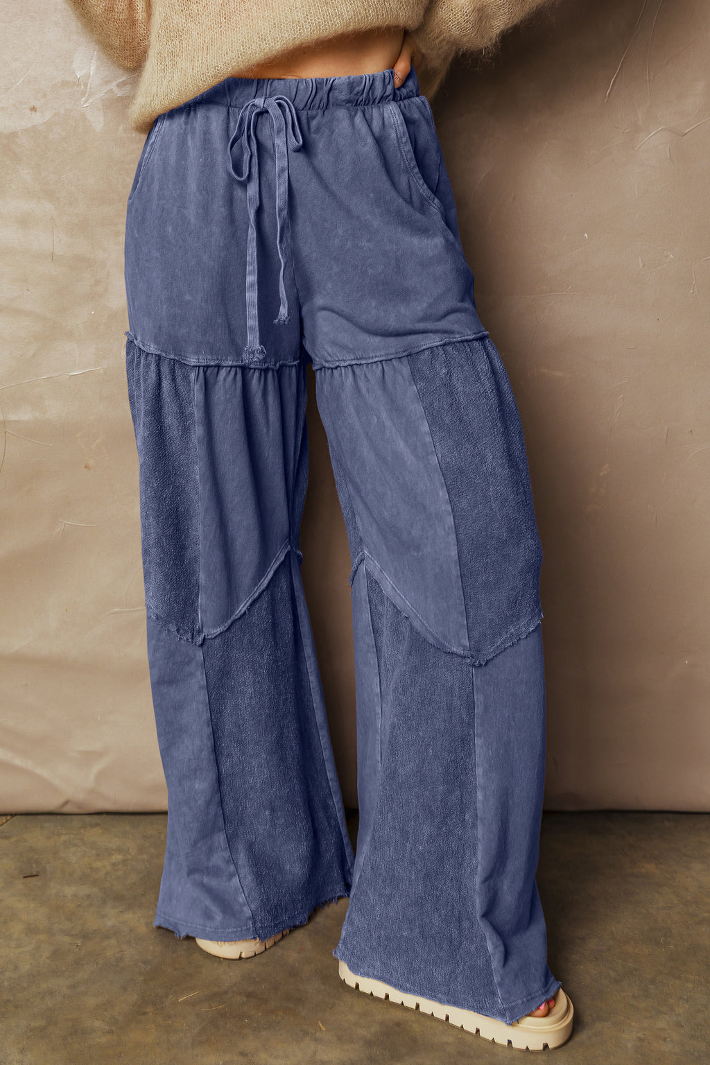 Black Mineral Wash Tiered Wide Leg Patchwork Drawstring Pants