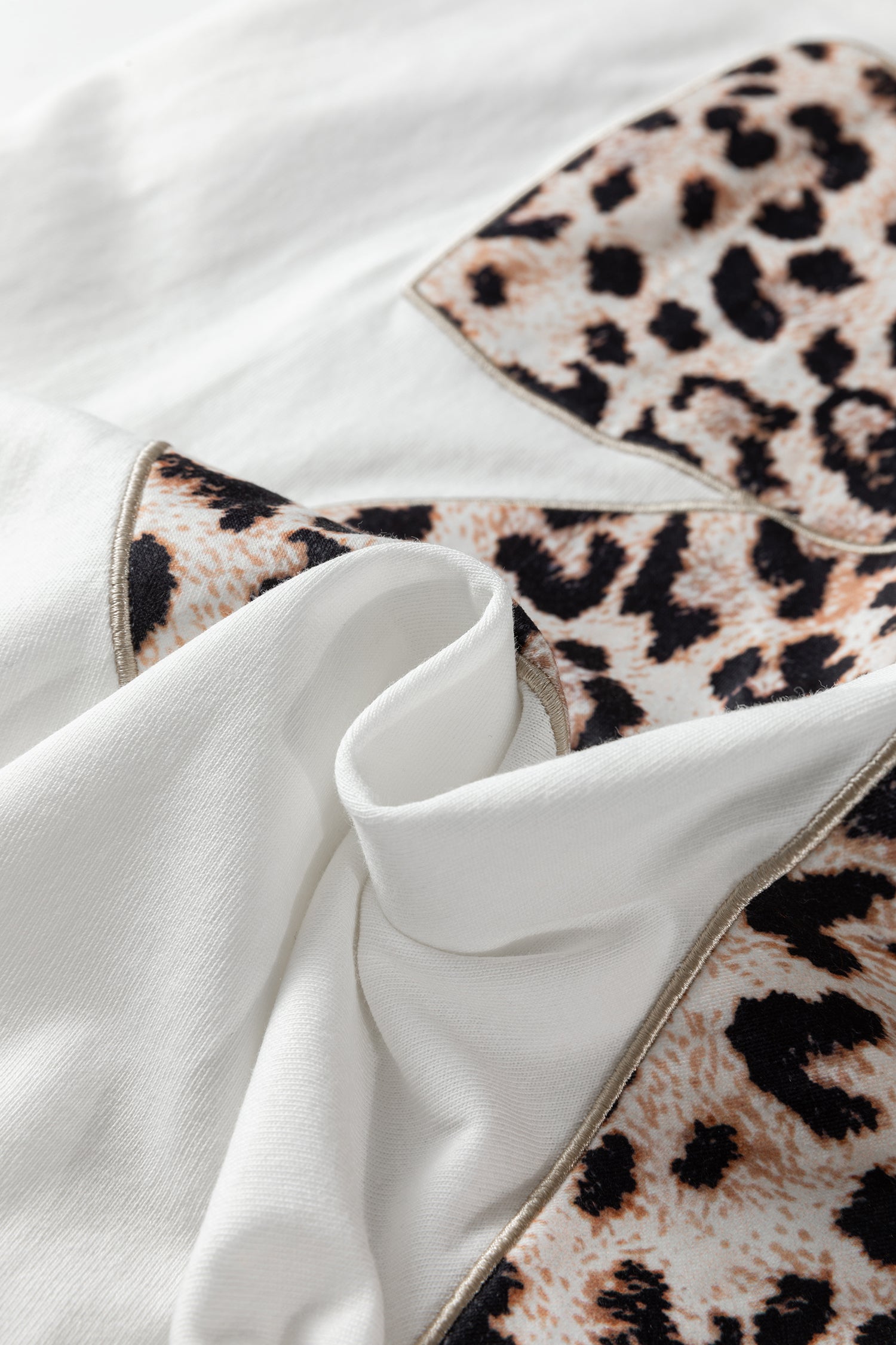 White Leopard Bow Embroidered Cotton Round Neck T Shirt