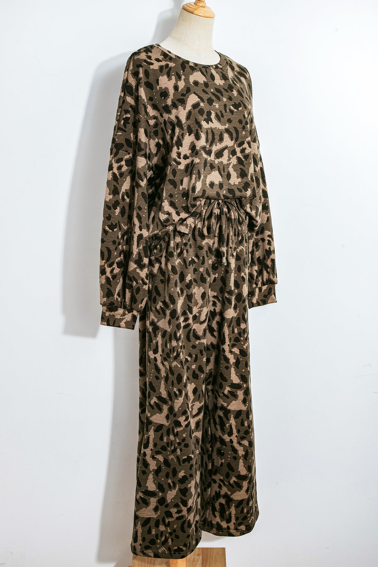 Brown Leopard Print Raw Seam Patchwork Pullover Drawstring Loose Pant Set