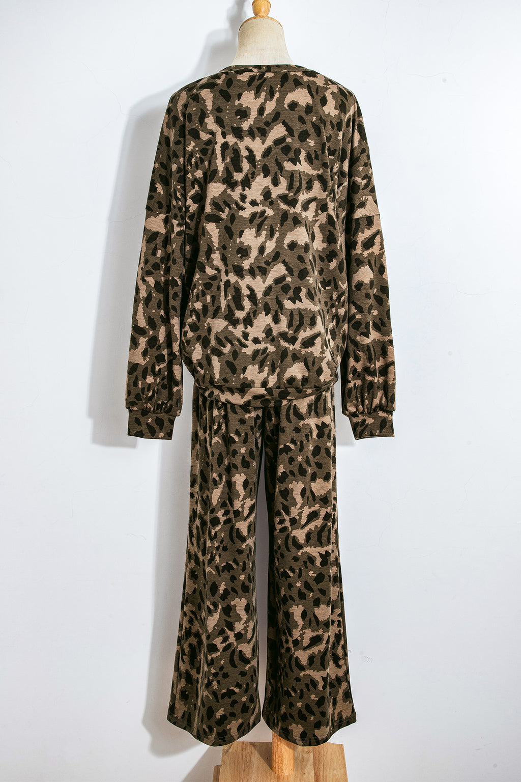 Brown Leopard Print Raw Seam Patchwork Pullover Drawstring Loose Pant Set
