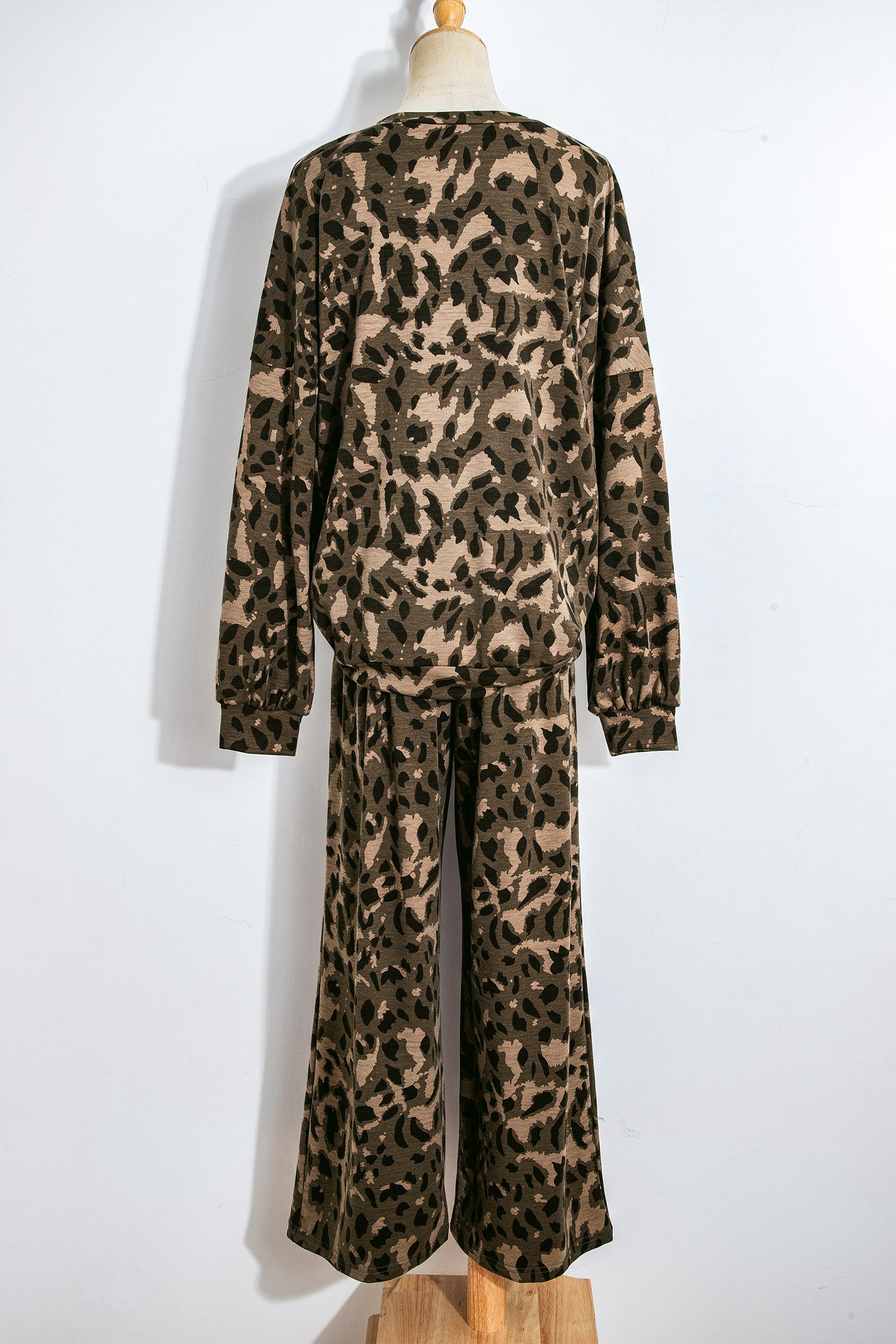 Brown Leopard Print Raw Seam Patchwork Pullover Drawstring Loose Pant Set