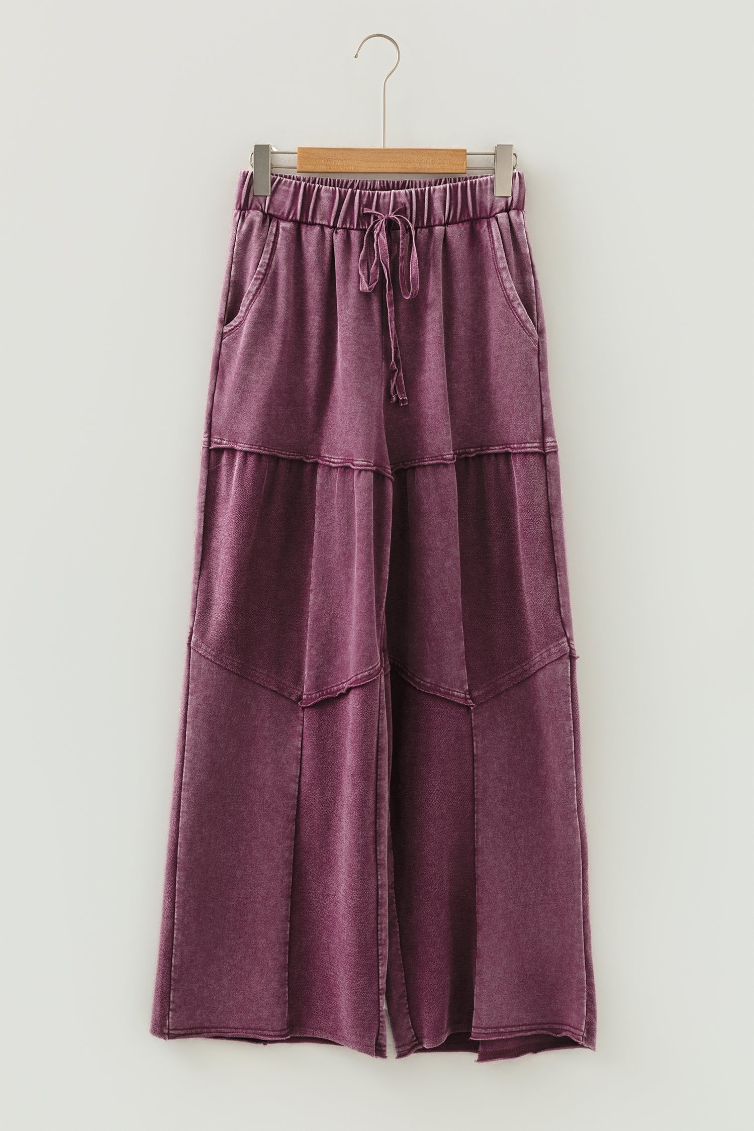 Black Mineral Wash Tiered Wide Leg Patchwork Drawstring Pants