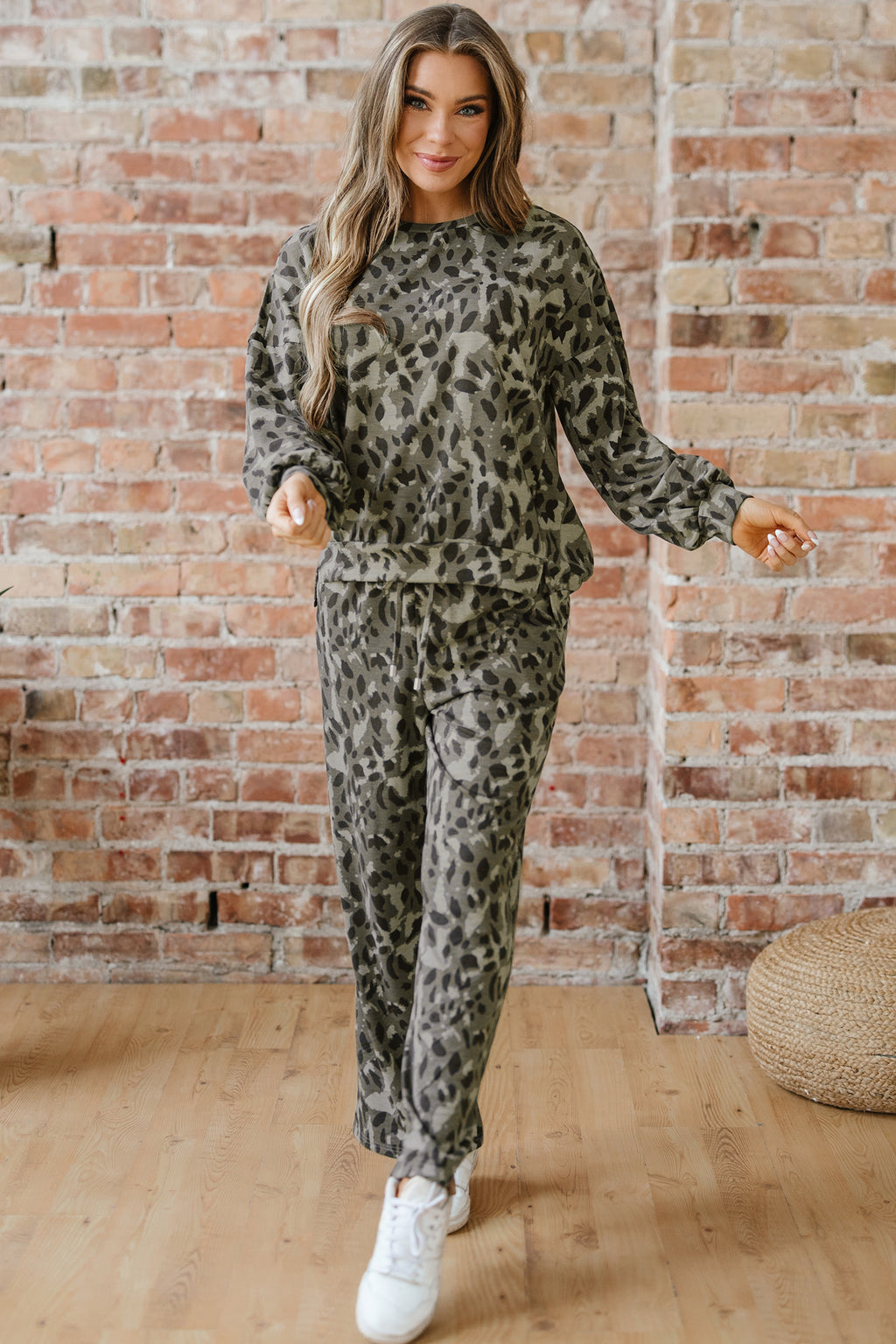 Brown Leopard Print Raw Seam Patchwork Pullover Drawstring Loose Pant Set