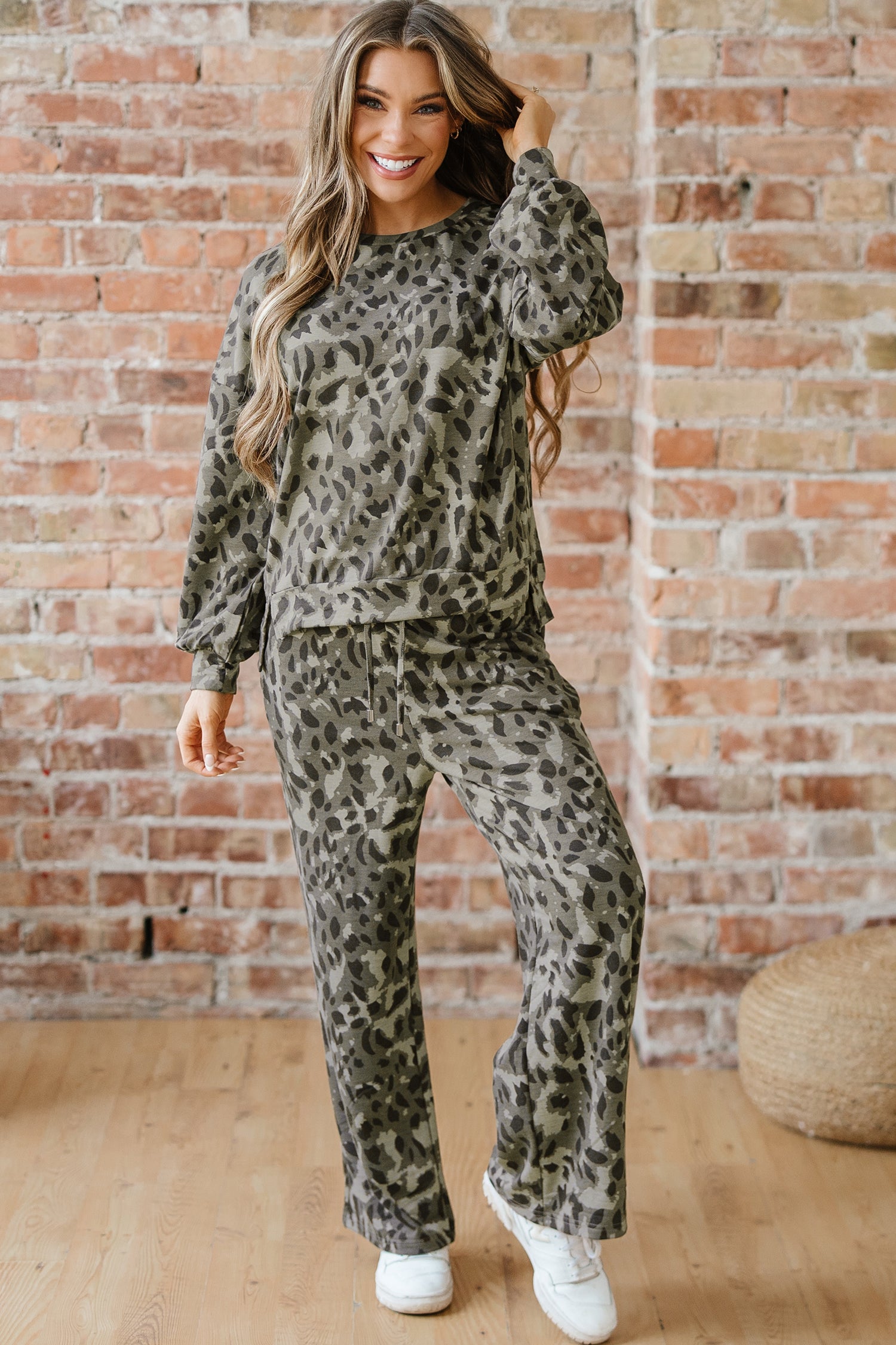 Brown Leopard Print Raw Seam Patchwork Pullover Drawstring Loose Pant Set