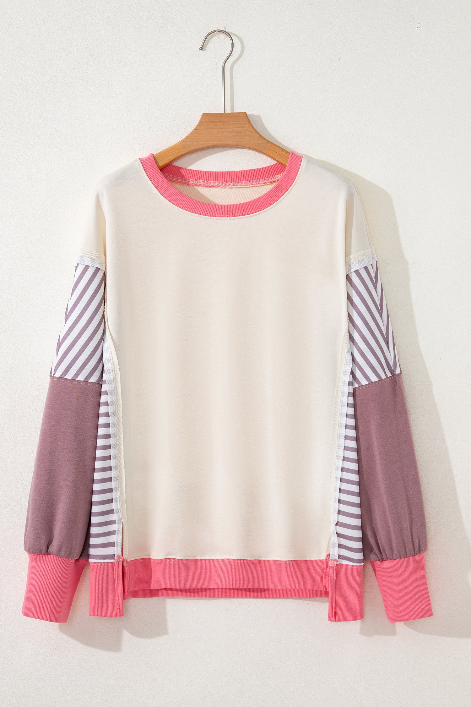 White Color Block Striped Patchwork Dolman Slit Sweatshirt