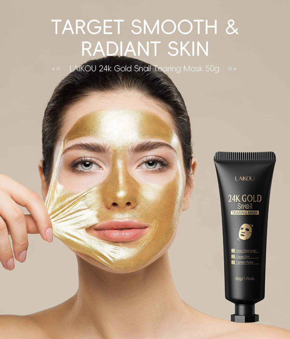 LAIKOU 24K Gold Snail Peel-Off Mask 3PCS Deep Cleansing Pore Tightening Blackhead Removal Detoxifying Facial Treatment 50g