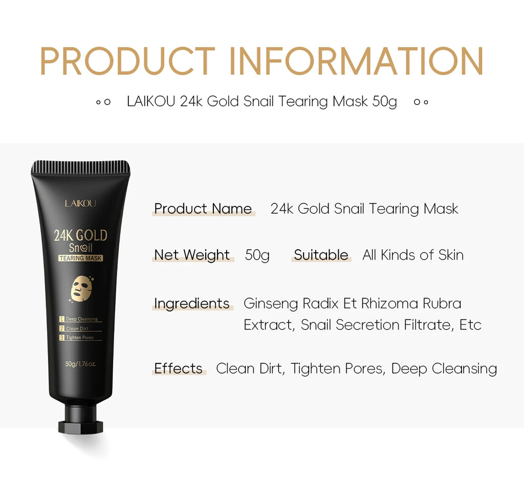 LAIKOU 24K Gold Snail Peel-Off Mask 3PCS Deep Cleansing Pore Tightening Blackhead Removal Detoxifying Facial Treatment 50g