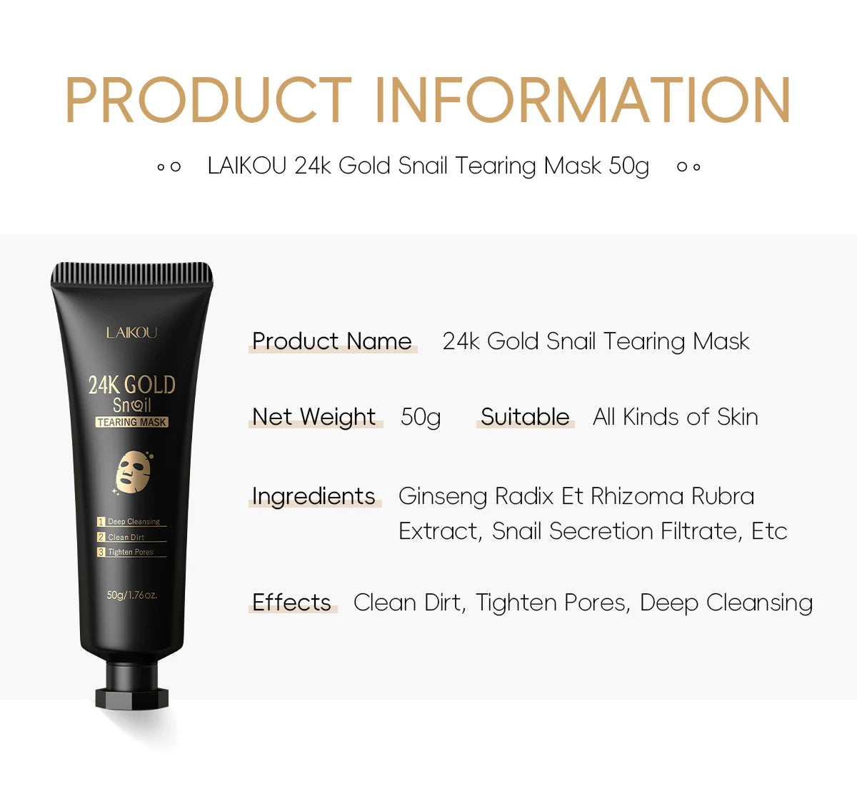 LAIKOU 24K Gold Snail Peel-Off Mask 3PCS Deep Cleansing Pore Tightening Blackhead Removal Detoxifying Facial Treatment 50g