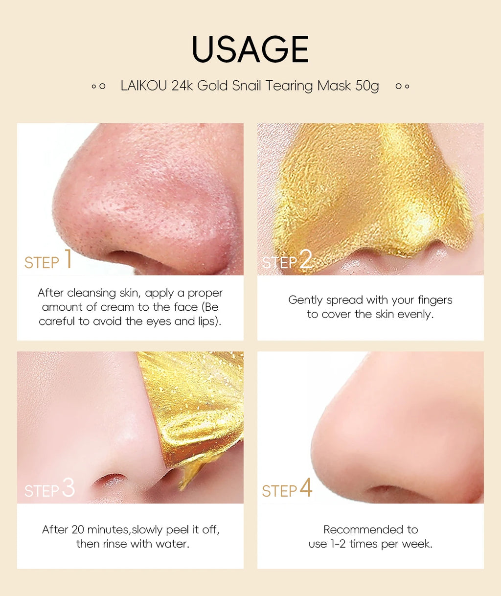 LAIKOU 24K Gold Snail Peel-Off Mask 3PCS Deep Cleansing Pore Tightening Blackhead Removal Detoxifying Facial Treatment 50g