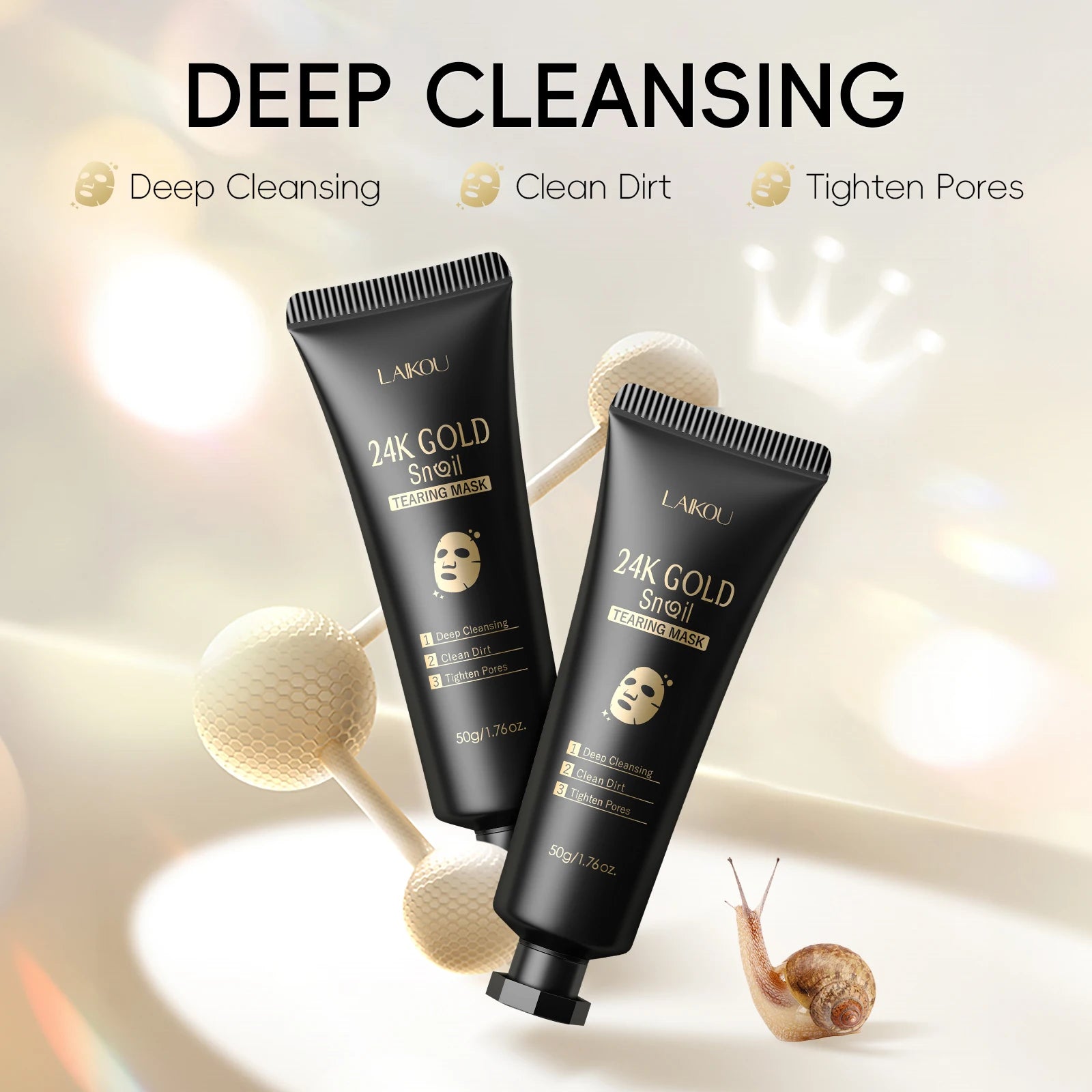 LAIKOU 24K Gold Snail Peel-Off Mask 3PCS Deep Cleansing Pore Tightening Blackhead Removal Detoxifying Facial Treatment 50g