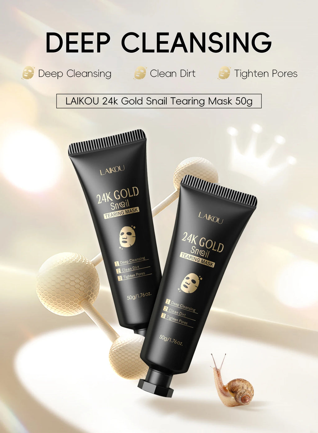 LAIKOU 24K Gold Snail Peel-Off Mask 3PCS Deep Cleansing Pore Tightening Blackhead Removal Detoxifying Facial Treatment 50g