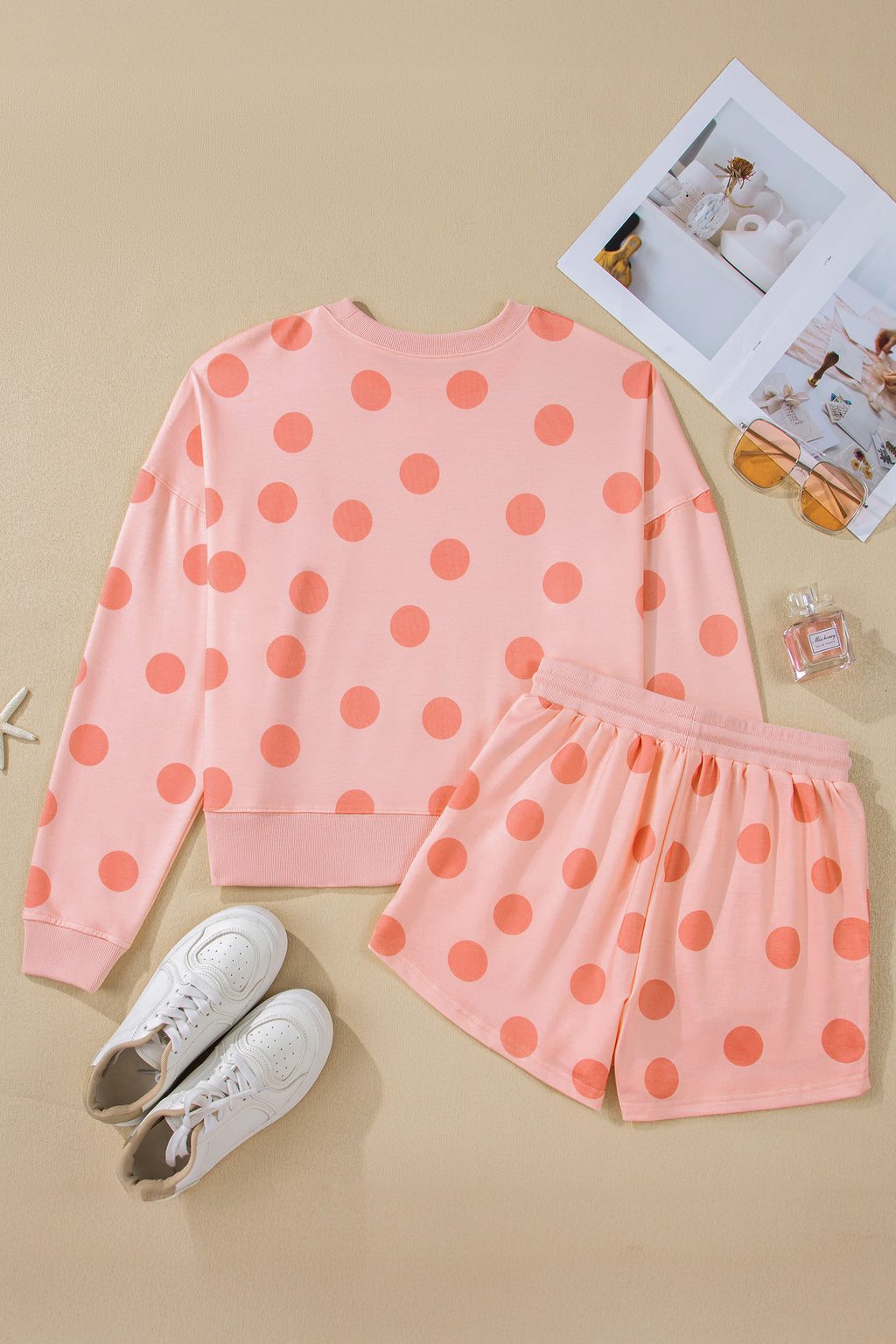 Pink Polka Dot Print Drop Shoulder Pullover Drawstring Shorts Set