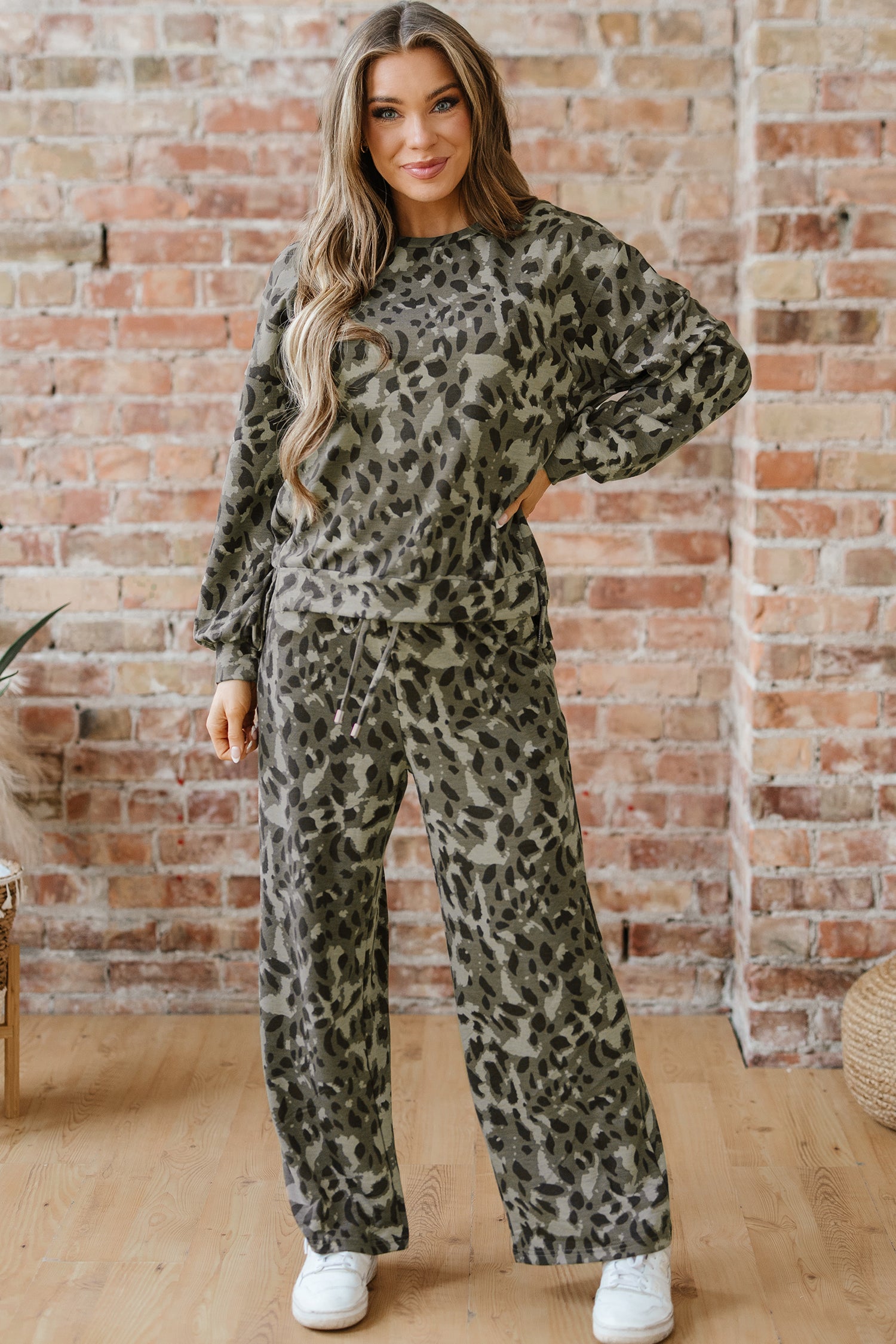 Brown Leopard Print Raw Seam Patchwork Pullover Drawstring Loose Pant Set