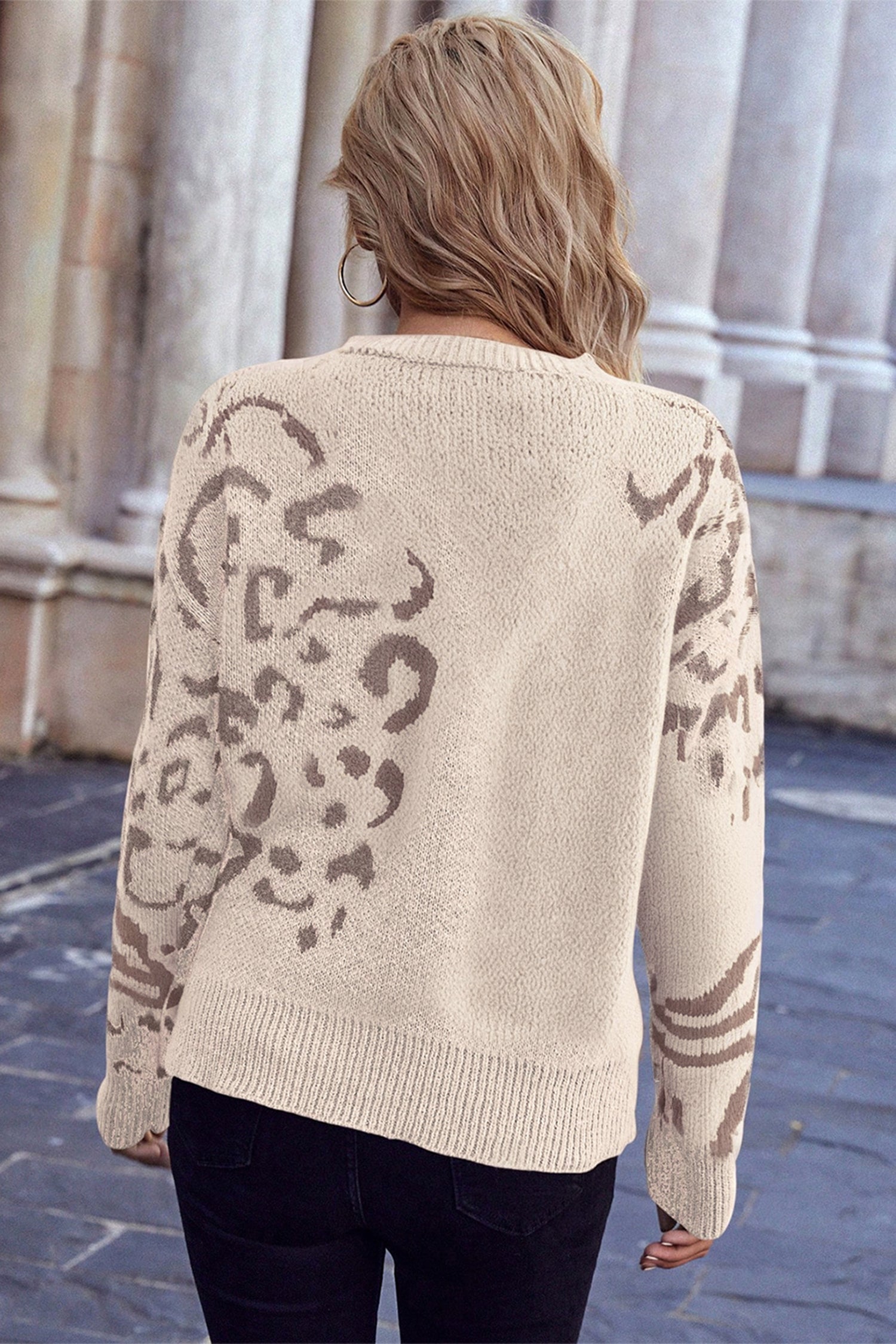 Beige Asymmetric Leopard Print Detail Drop Shoulder Sweater