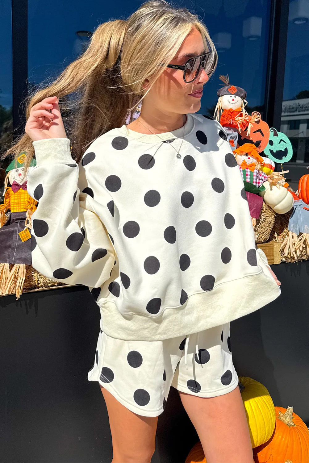 Pink Polka Dot Print Drop Shoulder Pullover Drawstring Shorts Set